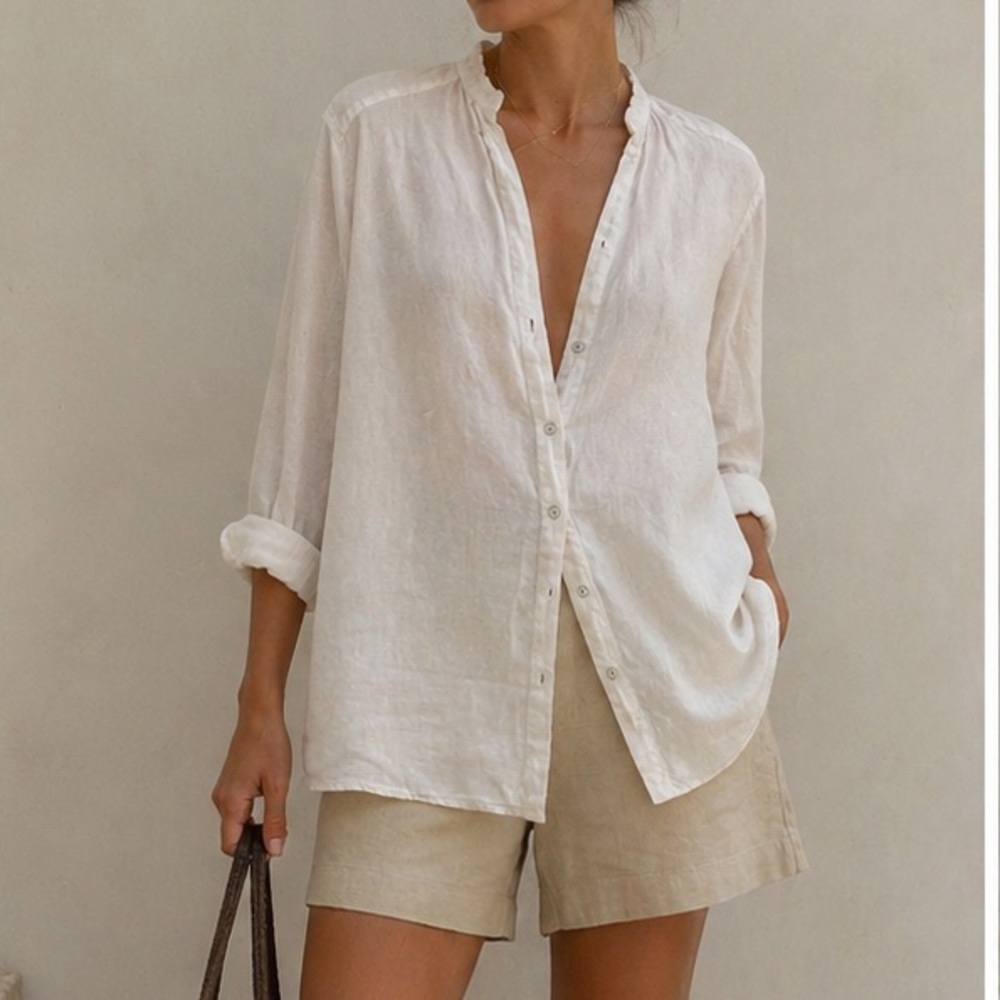 Linen White Button-Down Blouse
